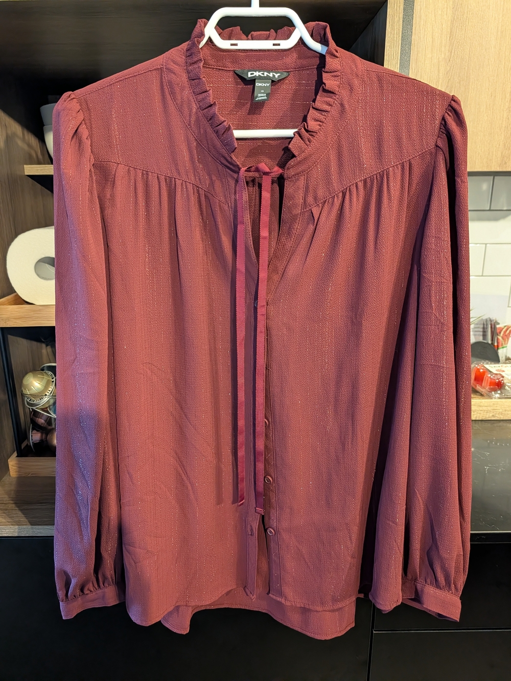 DKNY Burgundy Ruffle Tie-Neck Long-Sleeve Blouse